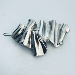 Silver Tone Metal Hair Barrette Crumpled Fabric Look Unusual Modern Look